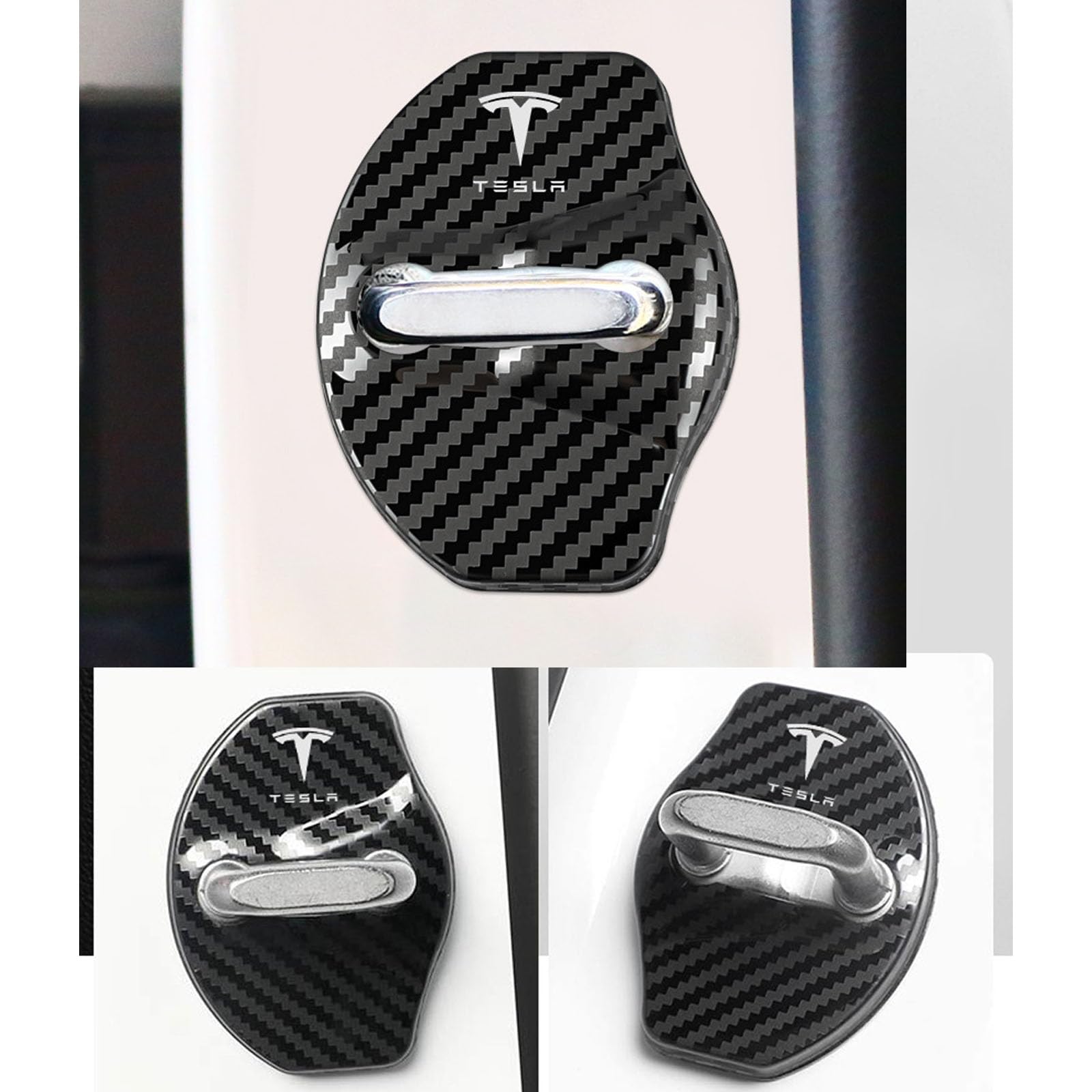 TOPKU Door Lock Cover Protector [Carbon Edition] [No Tape Requried], Anti-Scratch Door Striker Latches Sill Stopper Covers for Tesla Model 3/ Y/S/X,Set of 4
