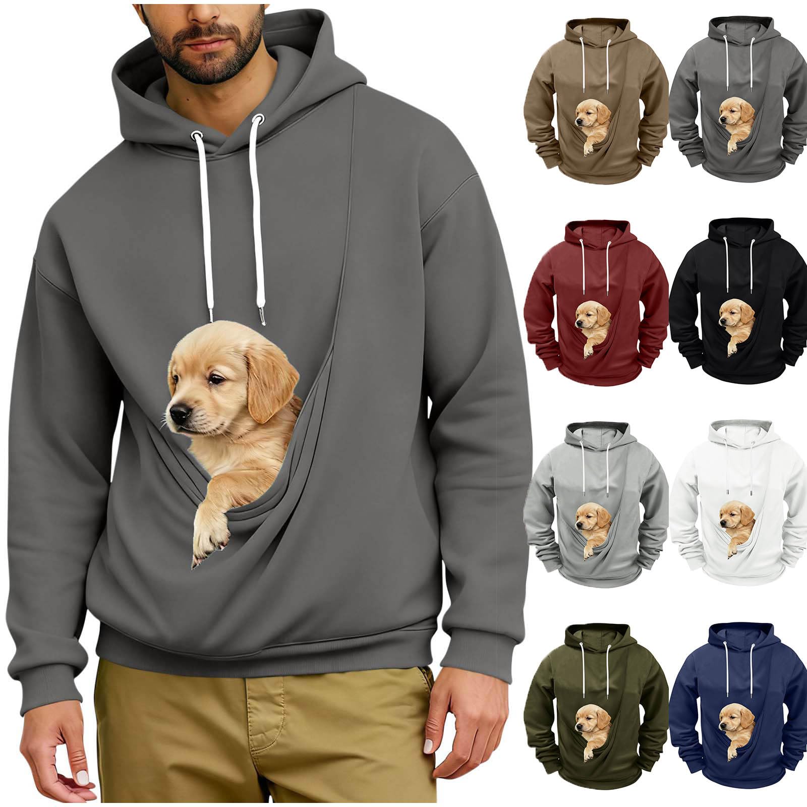 Sudadera con capucha para hombre con bolsillo canguro grande para mascotas, sudadera con capucha de ajuste holgado, cómoda ropa de calle para el trabajo, viajes o actividades diarias