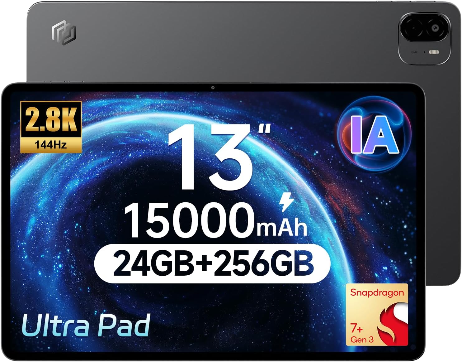 ALLDOCUBE Ultra Pad, tablette Android 15 AI de 13 pouces, écran 2880 x 1840 à 144 Hz, tablette de jeu Snapdragon 7+ Gen3, 24 Go de RAM + 256 Go de ROM, 8 haut-parleurs audio DTS, WiFi6/BT5.4/NFE, 15 000 mAh PD 33 W