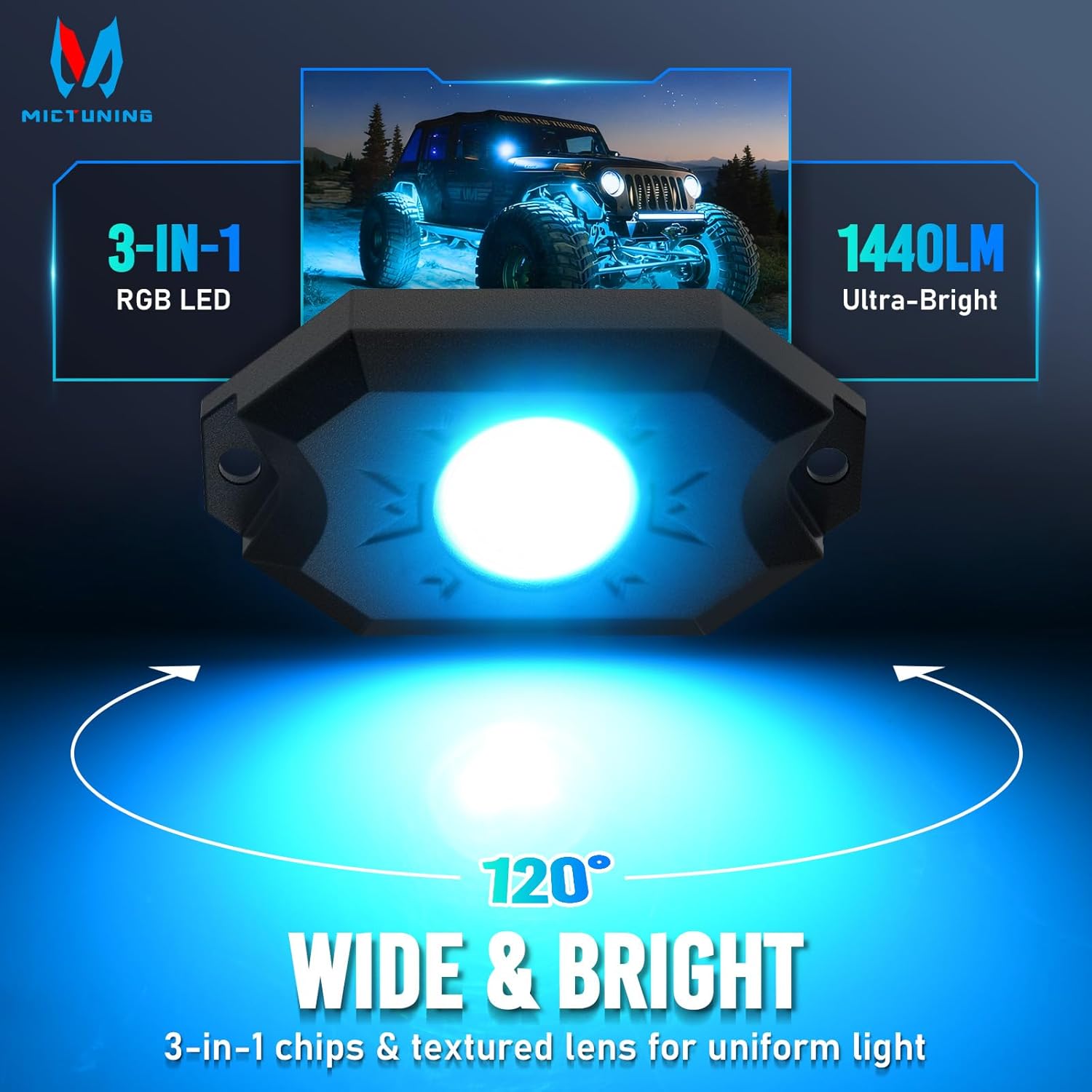 MICTUNING 2nd-Gen CM RGB Rock Lights - 8 Pods Waterproof Multicolor Neon Underglow Kit with Bluetooth App Control & Music Mode for Trucks Pickup UTV SUV ATV（2 Year Warranty）