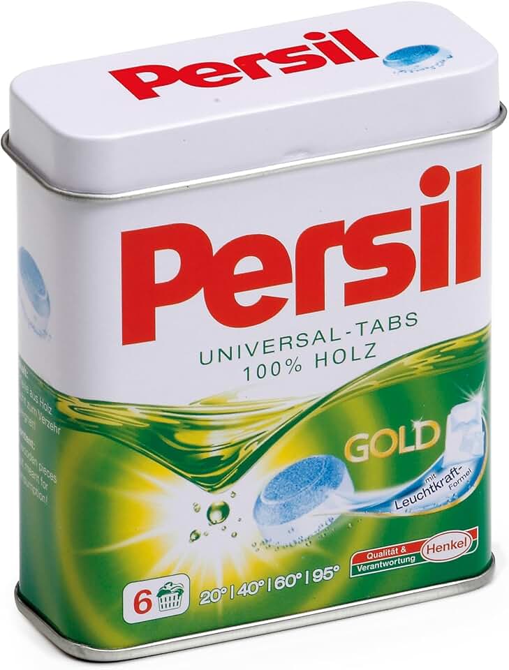 Erzi 21201 Waschmitteltabs Persil aus Holz in der Dose, Kaufladenartikel für Kinder, Rollenspiele