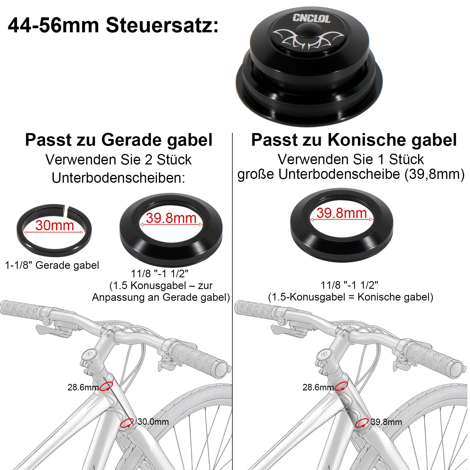 Fahrrad Steuersatz 34mm-44mm-41,8-52mm-44-55mm-44-56mm, Gabel Lager 1 1/8 Steuersatz Lenkkopflager, Semi integriert 1 1/8 Kugellager für MTB/Rennrad/BMX