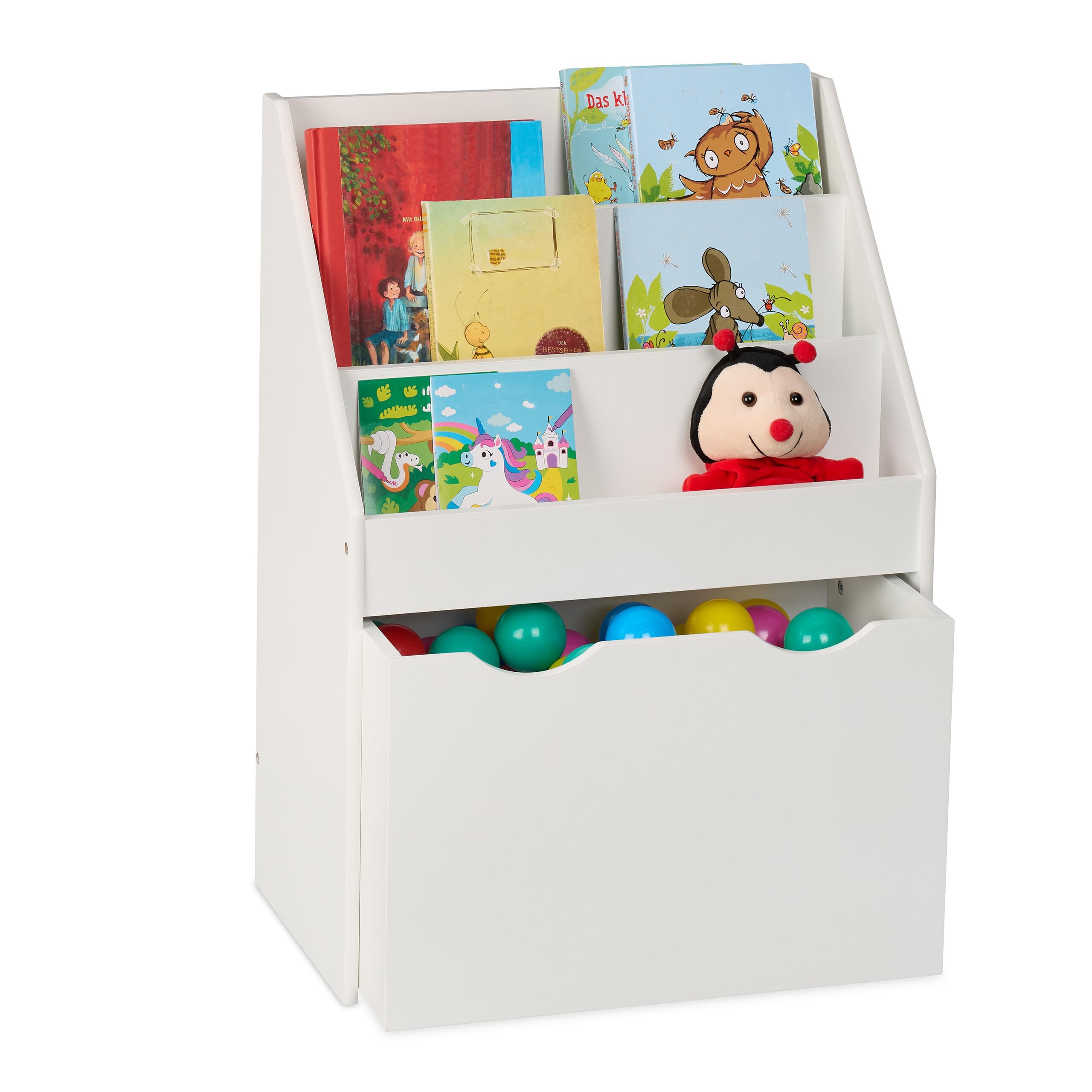 Relaxdays Librería Infantil con Juguetero, Estantería Niños, 69,5 x 50,5 x 28 cm, 3 Estantes, Cajón con Ruedas, Blanco, Plástico, Tablero de Fibras