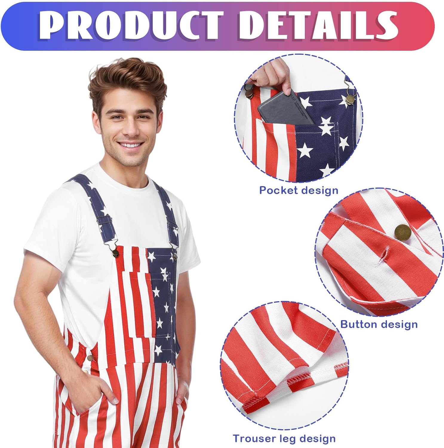 American Flag Overalls Men,Red White and Blue American Flag Shorts,4th of July Overalls for Men