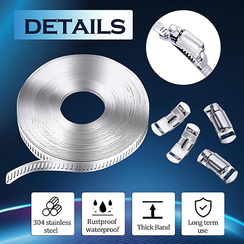 Miniatura 10 de Kit surtido de abrazaderas de manguera de acero inoxidable 304, correa de metal de 30 pies + 16 cierres más fuertes, abrazaderas de manguera de