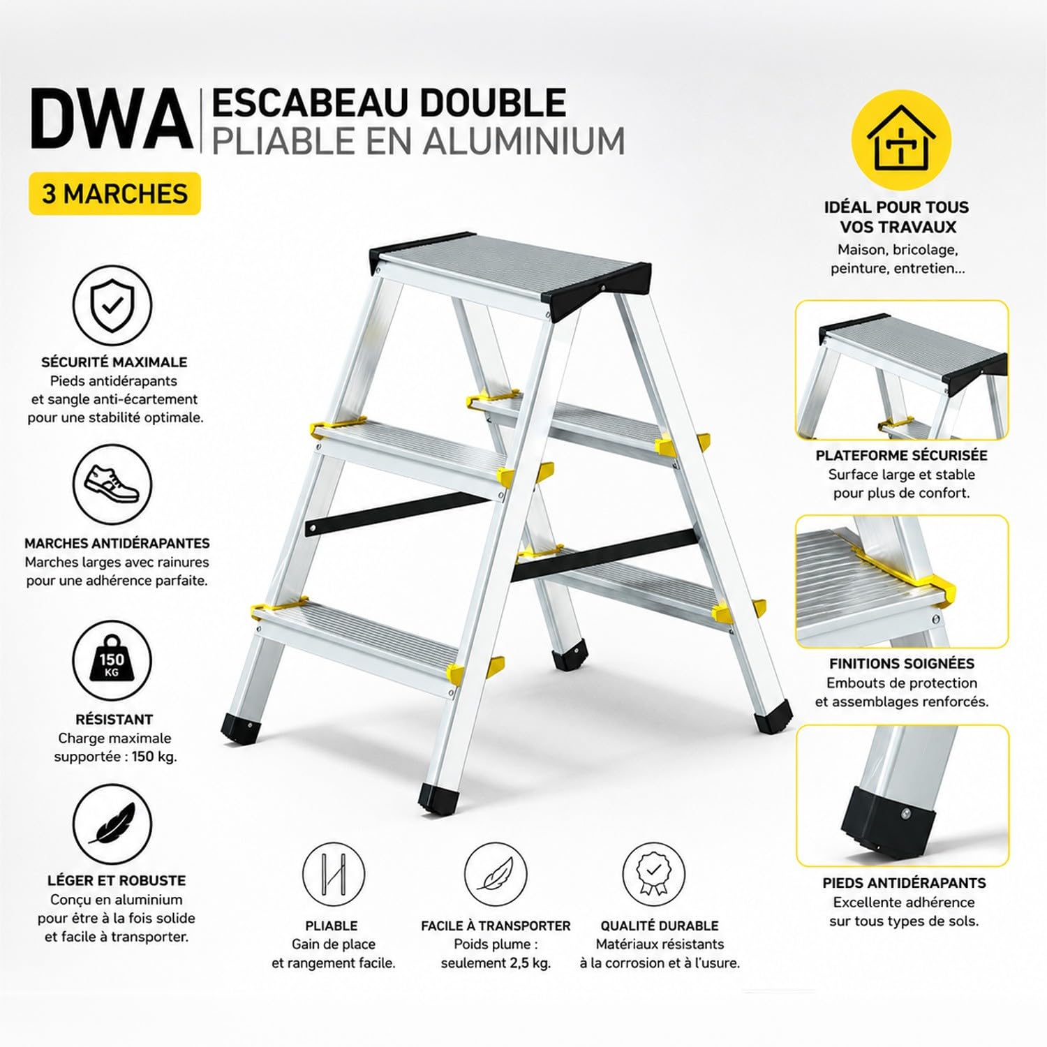 DWA - Scaletta doppia pieghevole in alluminio, 3 gradini