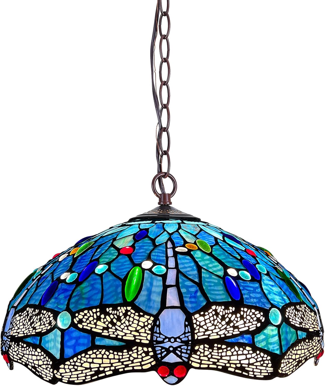 Capulina Tiffany Lamp Stained Glass Pendant Light 2-Light 16 Inches Wide Antique Blue Dragonfly Tiffany Style Hanging Lamp for Dining Room Kitchen Island Home Farmhouse