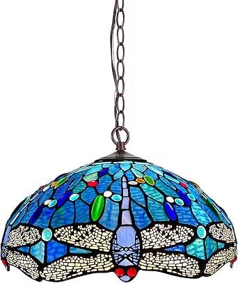 Tiffany Lamp Blue Dragonfly Stained Glass Pendant Light 2-Light