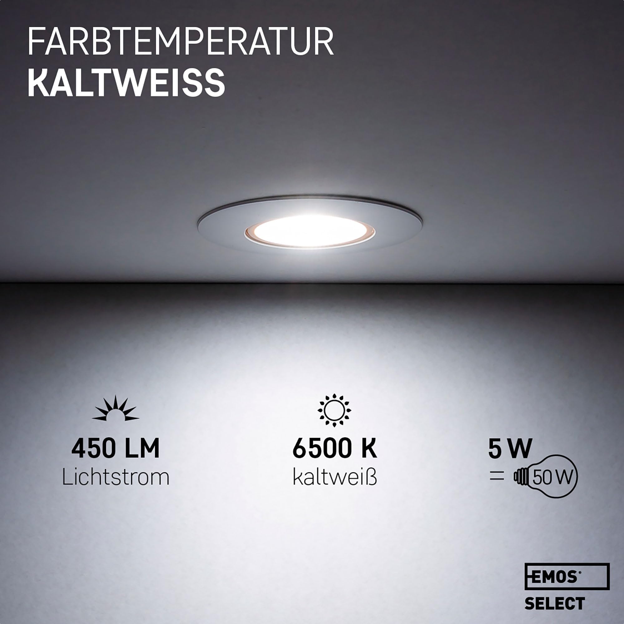 EMOS LED Einbaustrahler 230V, 5W / 450lm, 50° schwenkbar, kaltweiß 6500k (Tageslichtweiß) | Einbaustrahler Spot flach 68mm Lochmaß | Set mit 12 Stück LED Spots 230V, rund (Farbe weiß)