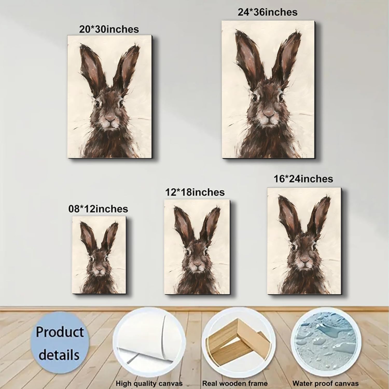 FLZYKGPA Painting Prints Brown Rabbit Canvas Wall Art - Neutral Tone Brushstroke Bunny Portrait, Modern Rustic Decor for Living Room Gallery Kitchen, High Definition Print Ready to Hang Artwork