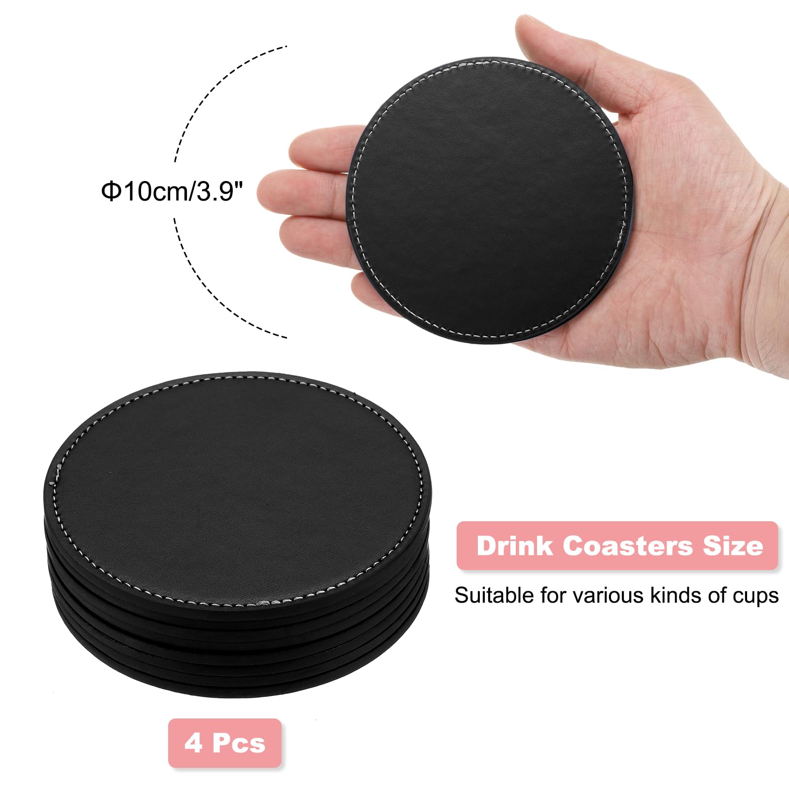 uxcell Round Drink Coasters Set of 4 White Stitched Dual Sided Non-Slip Non-Stick Waterproof Leather Coasters for Drinks Coffee Table - Image 2
