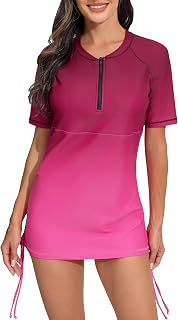 Halcurt Women Short Sleeve Rash Guard Swimsuit Shirt Built in Bra | UPF 50+ UV Blocks, Side Tie Drawstrings, Half Zipper Front, Quick-dry, Stretchy, Shape-retaining, Crewneck, Built-in Bra