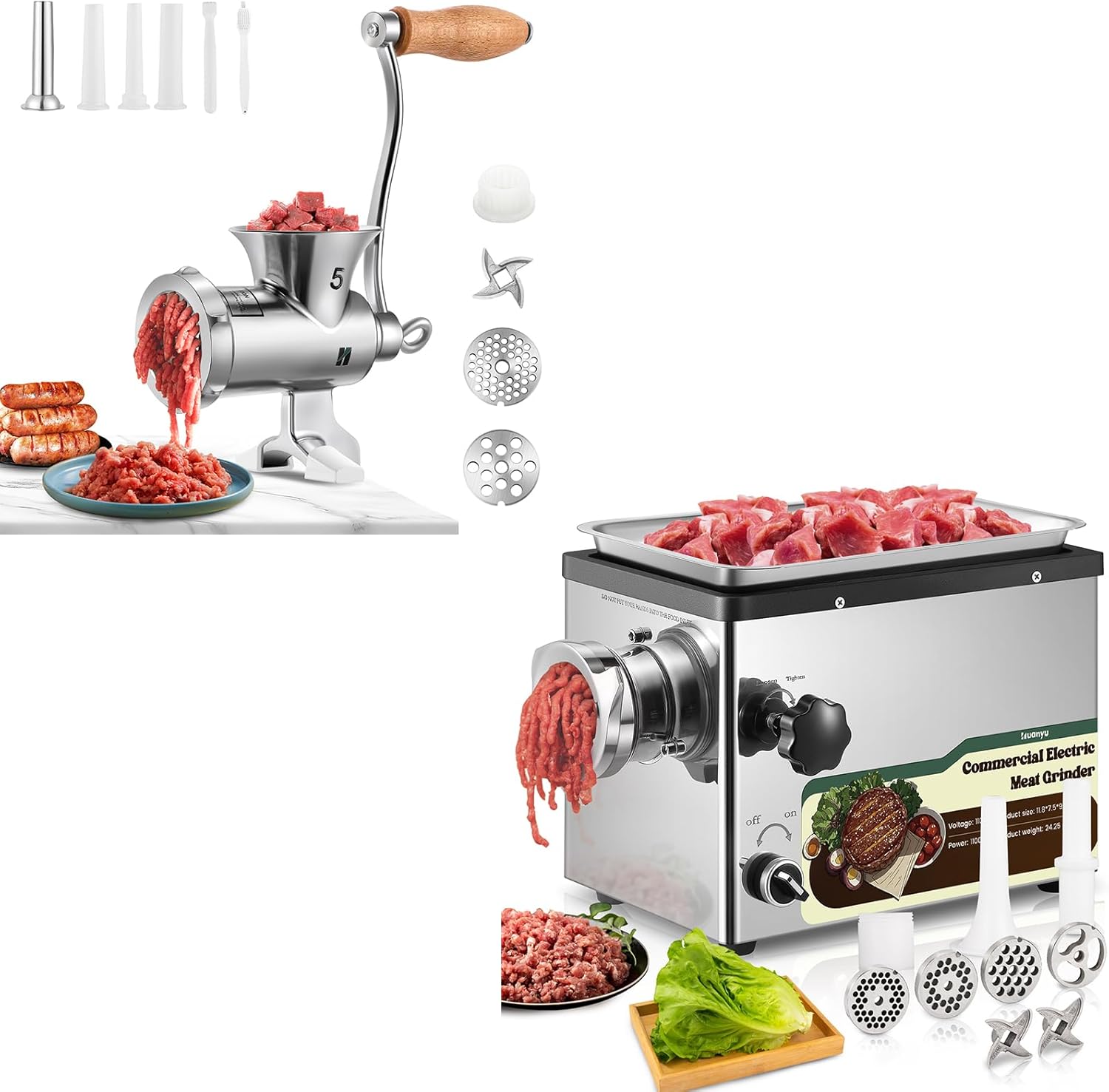 Huanyu HZ5 Meat Grinder Manual Stainless Steel Meat Mincer and Huanyu Electric Meat Grinder 1100w Commercial Meat Grinder for Restaurants, Butcher Shops 110v Bundle