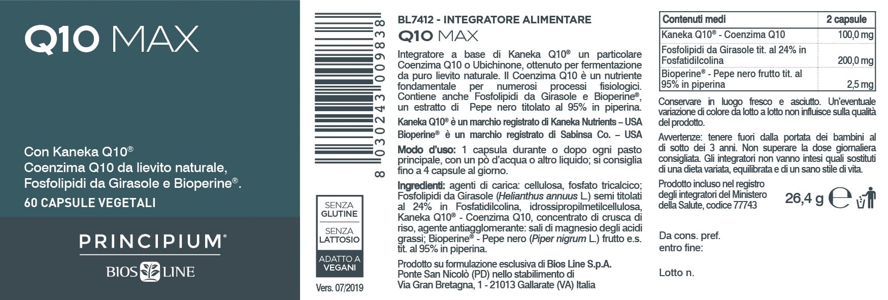 BIOS LINE Principium Q10 Max, Integratore alimentare ricco di Coenzima Q10, Integratore compresse per dare energia a cuore, fegato, cervello e muscoli, 60 capsule vegetali