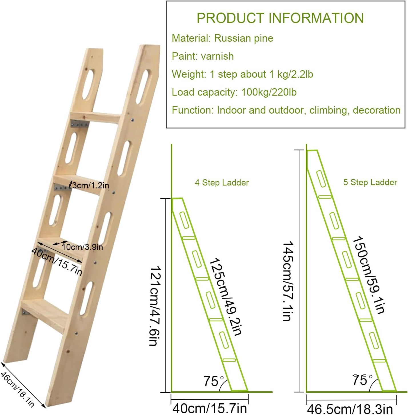 Wood Bunk Bed Ladder, 4.1FT RV Bunk Ladder Replacement with Wide Step, Sturdy Wood Ladders for Beds RV Camper Bed Climbing, Wooden Step Ladders for Home Kids Bedroom Dorm Hotel