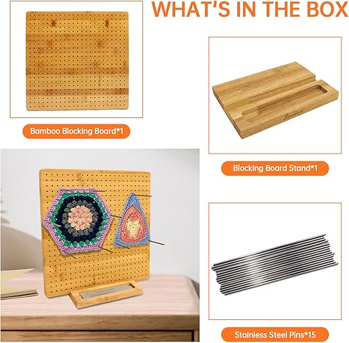 Miniatura 5 de Iswabard Tabla de bloqueo de 13 x 13 pulgadas para ganchillo con 15 varillas de acero inoxidable, tabla de bloqueo de ganchillo, cuadrado de bambú