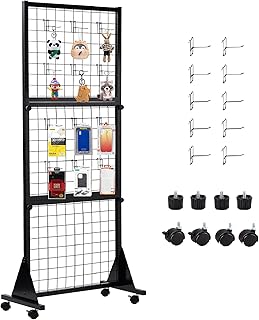 3 Layers Grid Wall Panels with Stand 5.25' x 2' Heavy Movable Wire GridWall Panel Tower with T-Base Floorstanding on Wheels for Craft Shows, Retail, Home