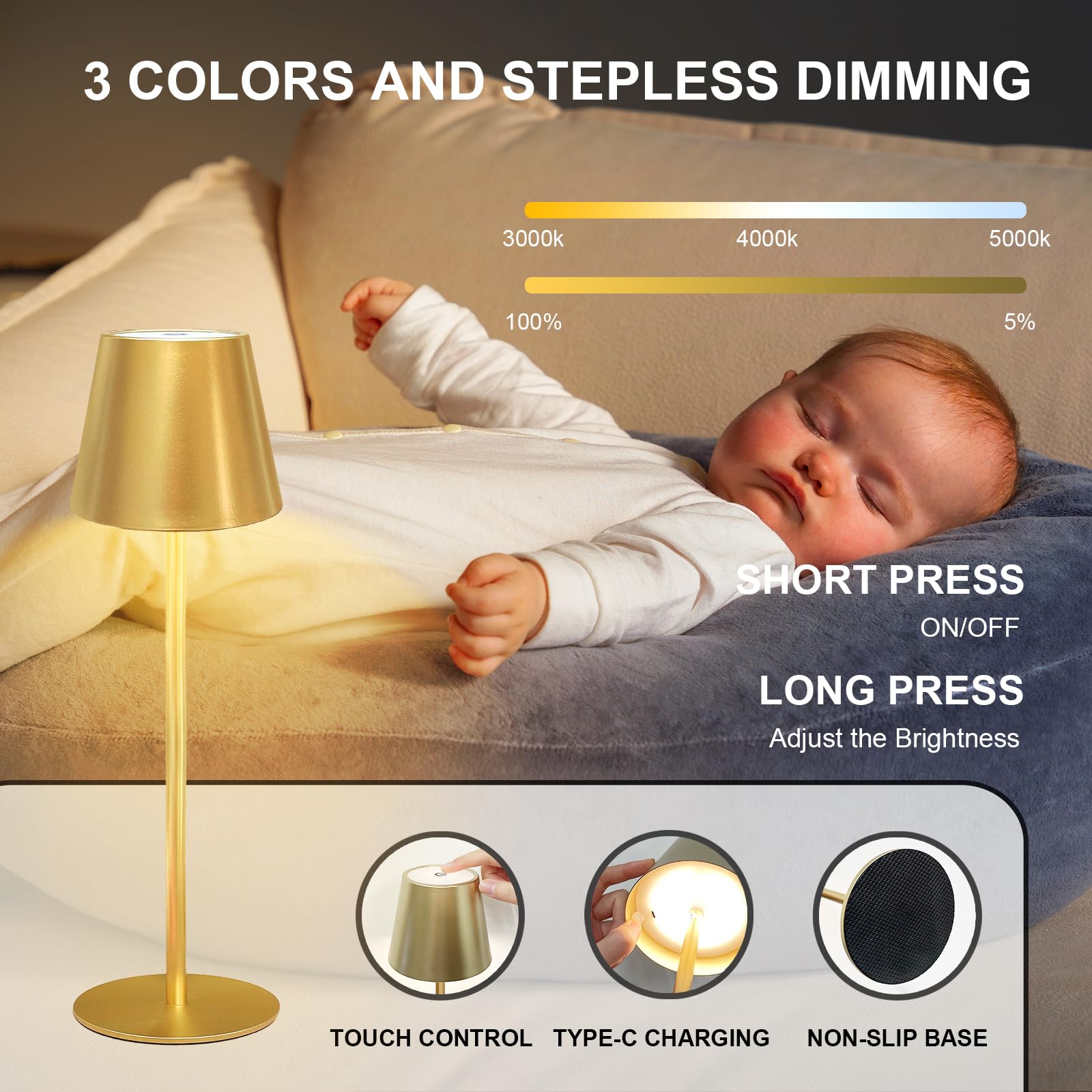 ANTELA Lampada da Tavolo LED Senza Fili Ricaricabile, Dimmer Touch, 3000-5000K, Lampada da Comodino Batteria, per Interni/Esterni, Ristorante/Camera da Letto/Bar, 2Pz(Oro)