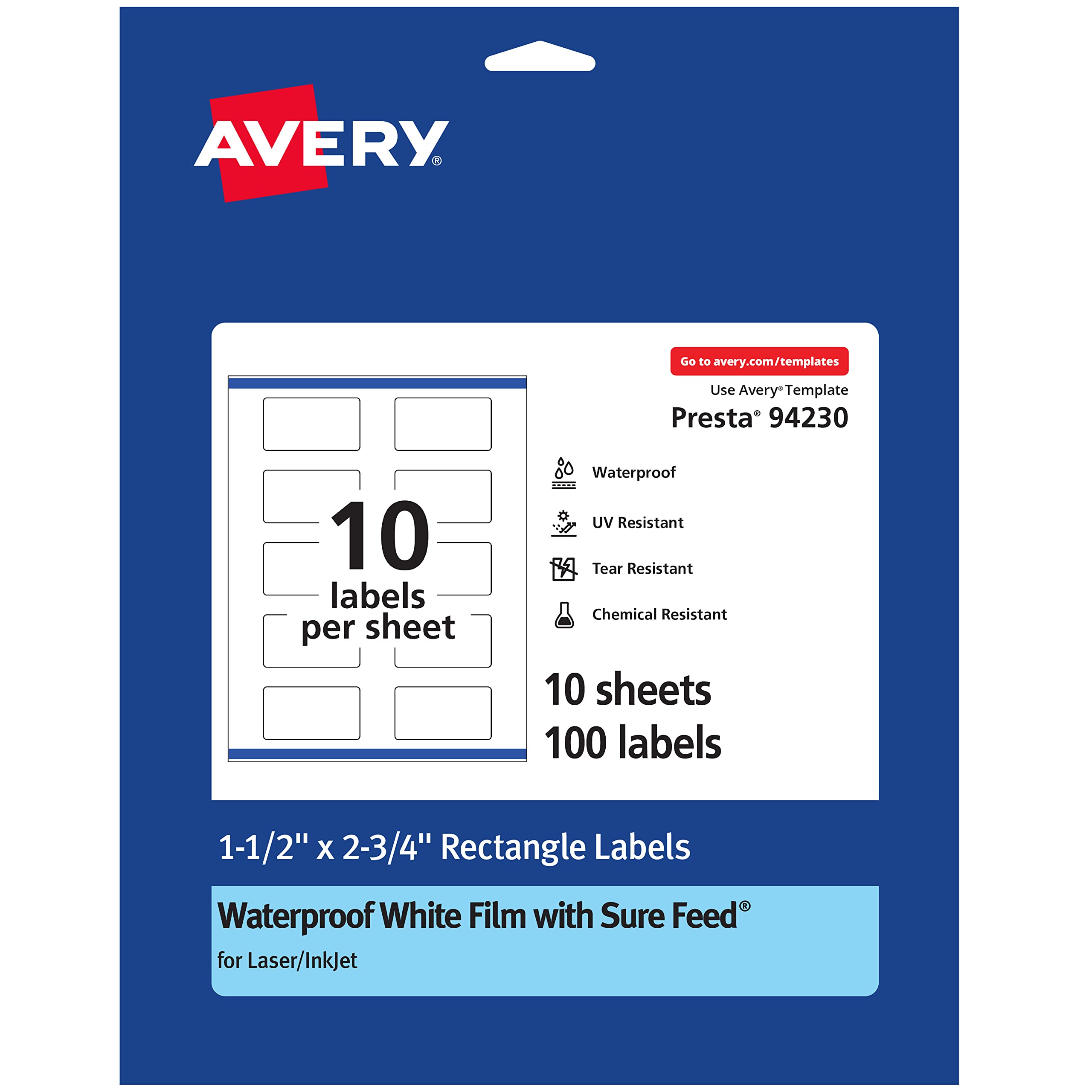 Avery Waterproof Rectangle Labels with Sure Feed, Print to the Edge, 1.5