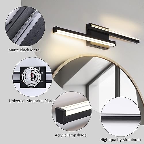 Miniatura 2 de Lámpara de tocador de baño de 24 pulgadas, lámparas negras sobre espejo de pared, modernas lámparas LED negras para iluminación sobre espejo,