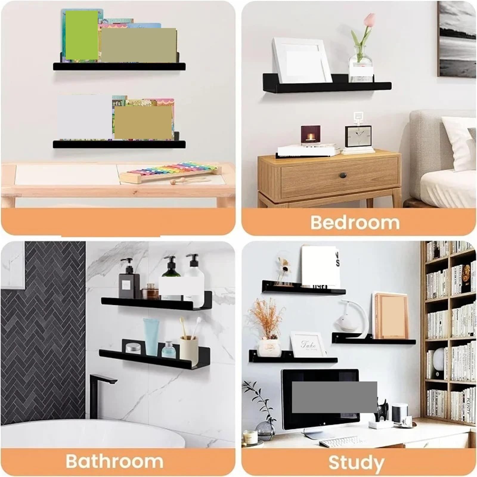 Estantes Flotantes Estante de pared for libros, estante flotante montado for dormitorio, baño, cocina, organizador, almacenamiento, soporte de Perfume y maquillaje, 2 uds. Para Salón, Cocina(2pcs-Blac