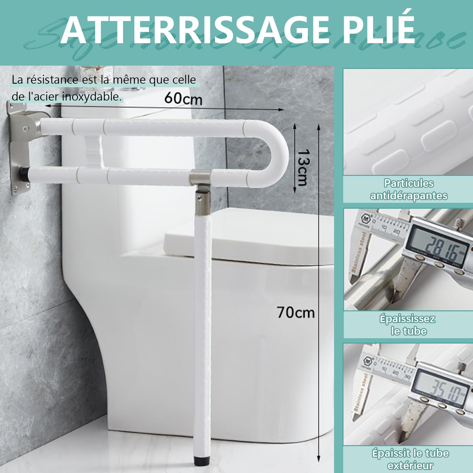 Main Courante Salle de Bain, Antidérapante, Anti-Basculement, 300kg