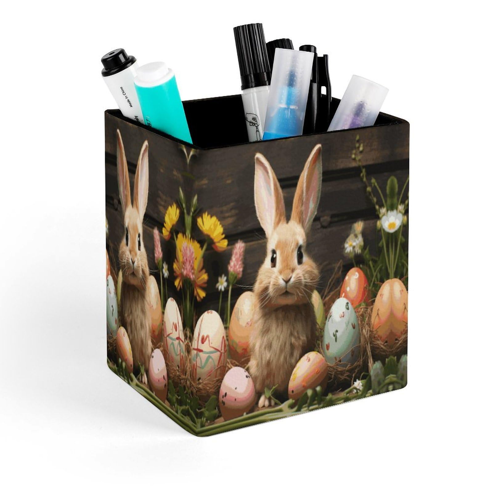 FekiLoot Easter Egg Bunny Pencil Holder for Desk Square Leather Pen Holder Cup Desktop Organizer Multi-Functional Pencil Cup Holders Modern Decorative Desk Organizer Caddy Makeup Brush Holders