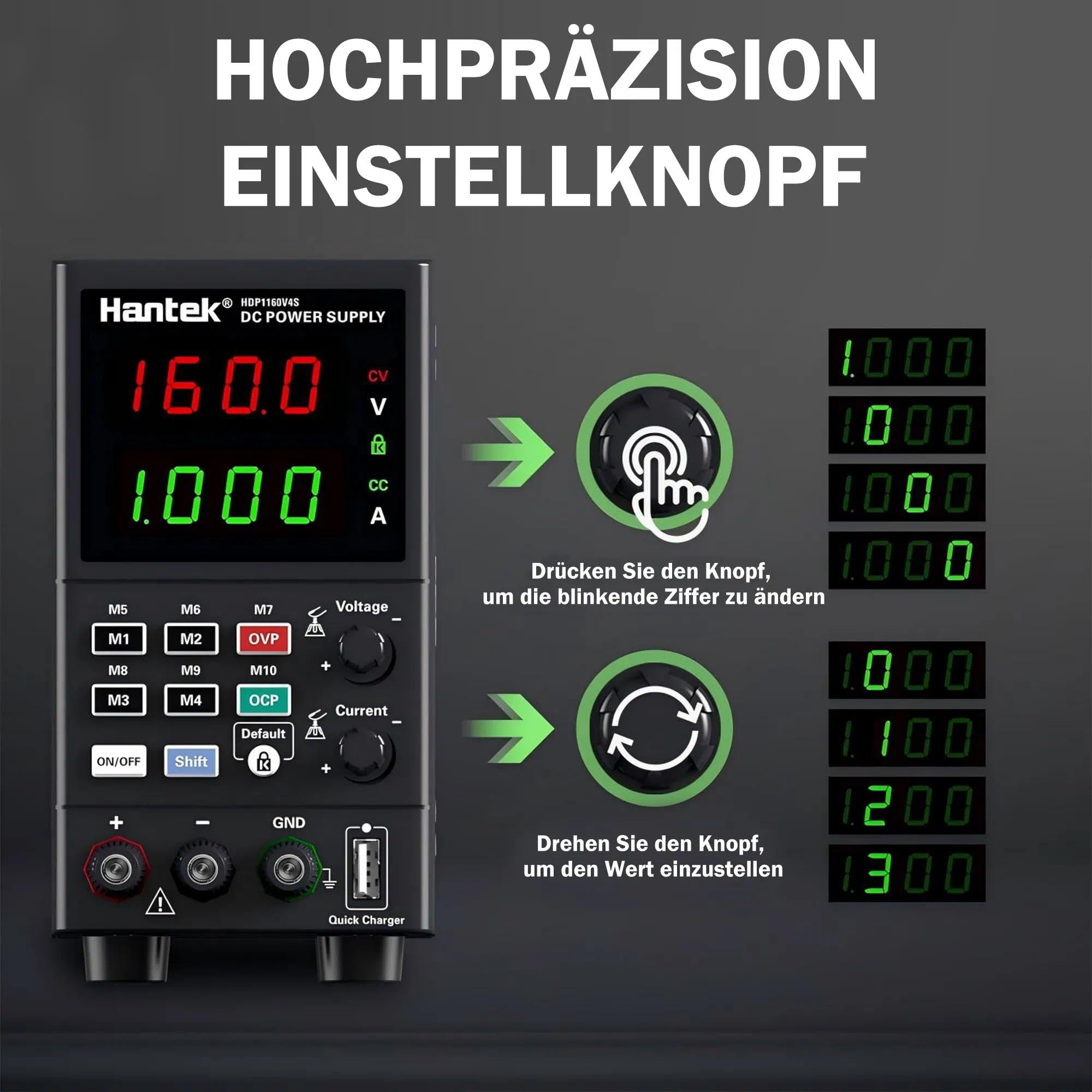 Hantek HDP1160V4S Programmierbares DC/AC Labornetzteil 160V 4A 180W 10-100mV/1mA 4-stelliger Display-Eingang 230V/115V Speicherfunktionen bis zu 10 Gruppen, Produktionslinie, Heimreparatur