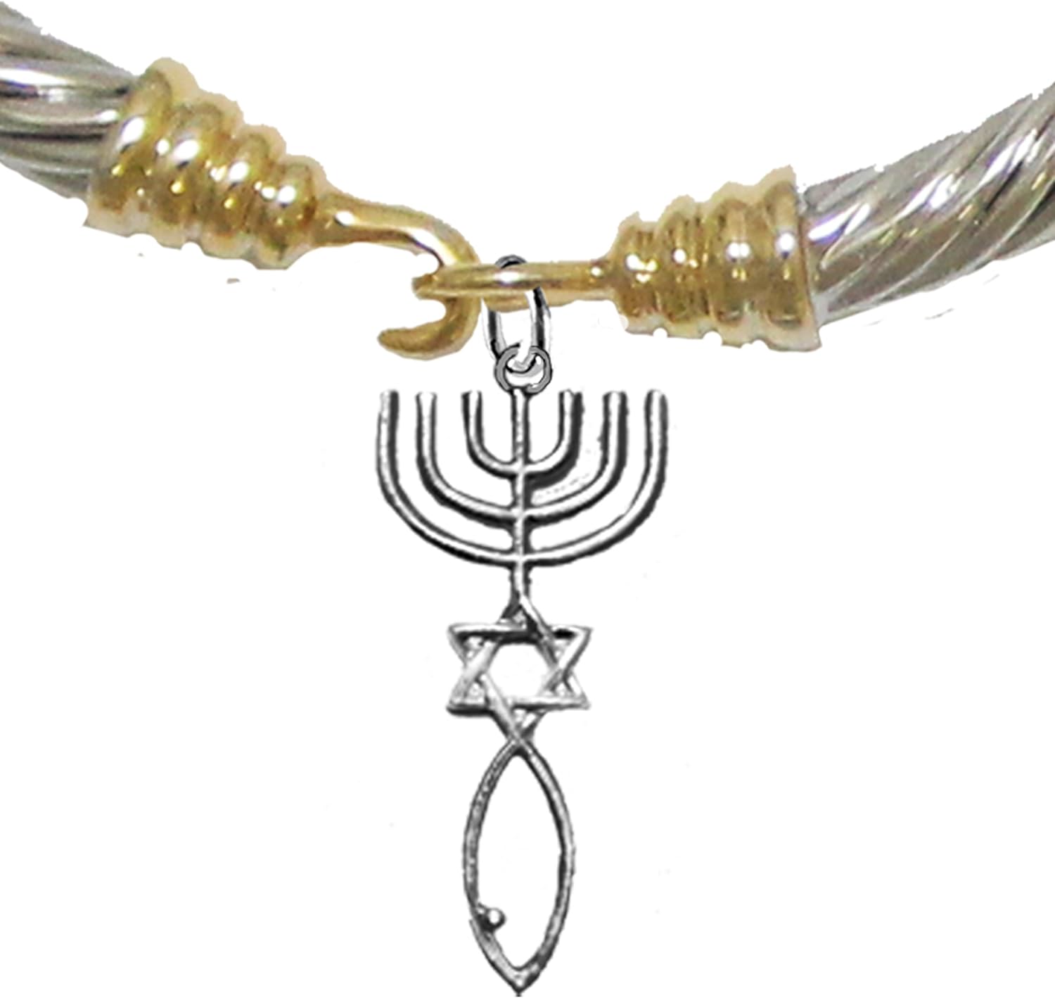 Cardinali Jewelry Messianic Seal of Jerusalem with Menorah, Star of David, Christian Fish (Ichthys) On A Gold/Silver Cable Bracelet, Hypoallergenic, Safe-Nickel, Lead, Cadmium Free