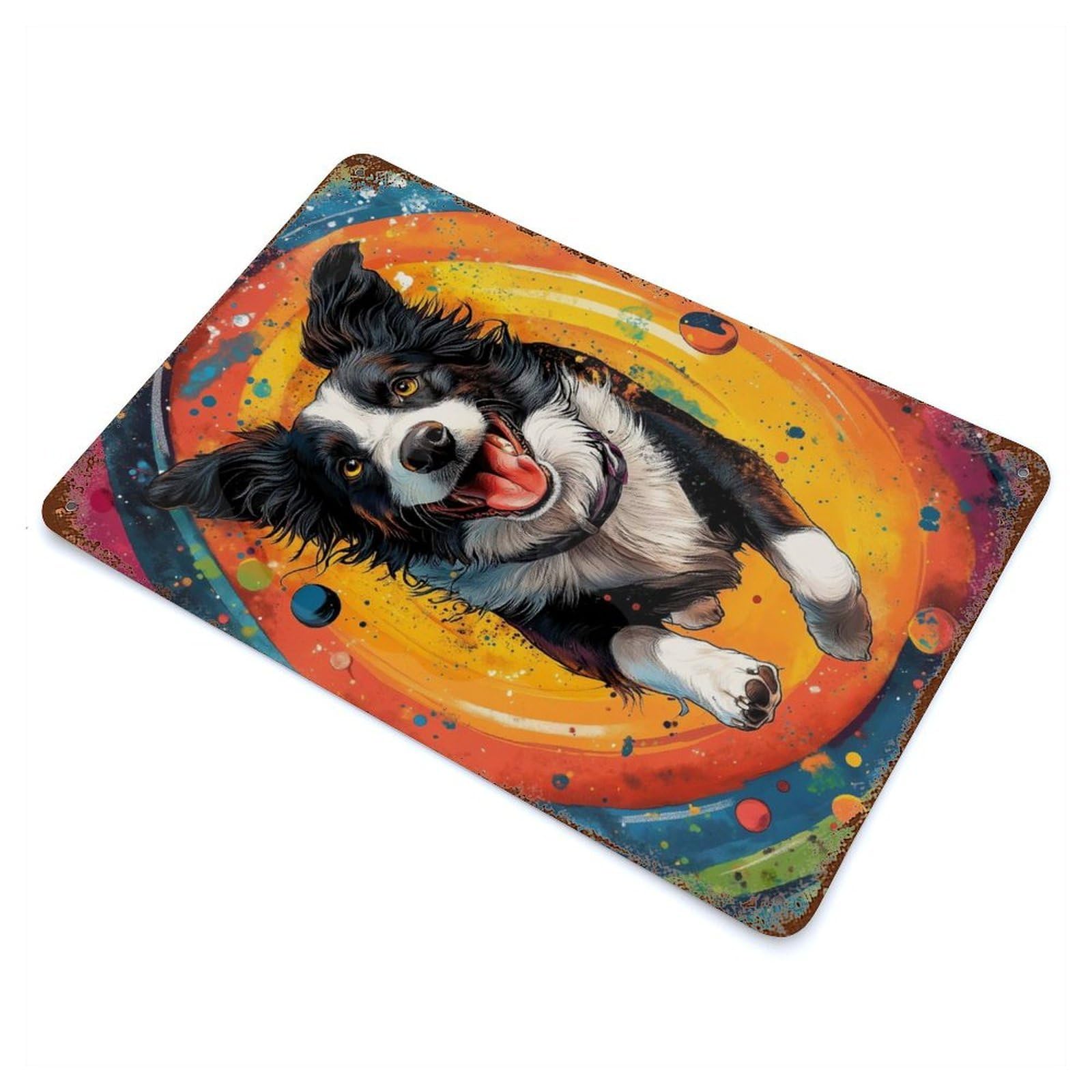 Rust Effect Border Collie in Space Distressed Metal Wall Sign 11.8"x7.9", Farmhouse Wall Decor for Office, Studio And Wall Decor