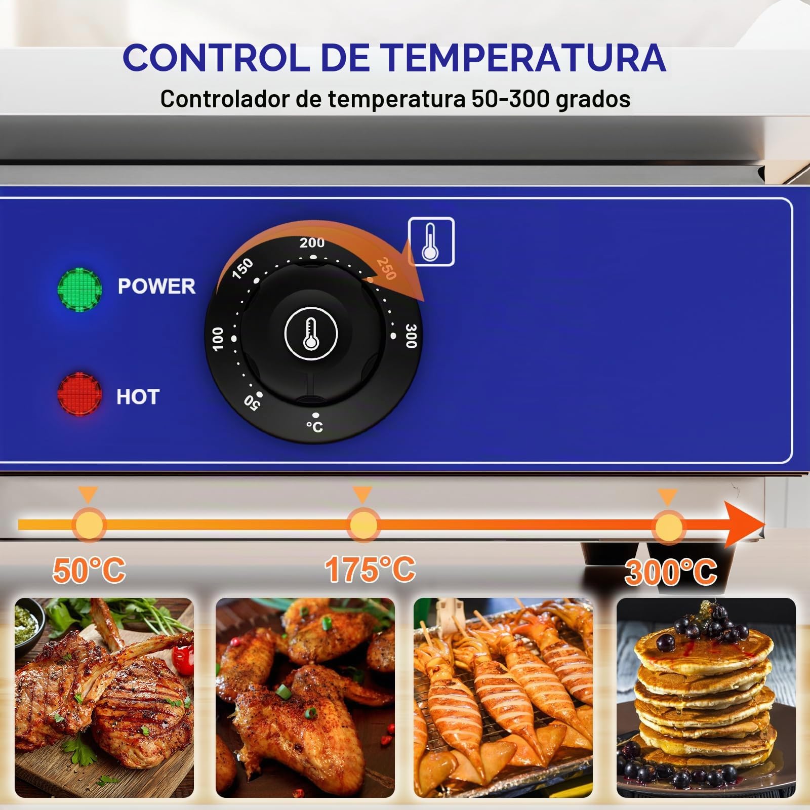 TAIMIKO - Plancha eléctrica profesional de 55 x 35,5 cm, placa de cocción lisa, 2 zonas de cocción 3000 W, plancha comercial para barbacoa de acero inoxidable, parrilla posable con termostato y