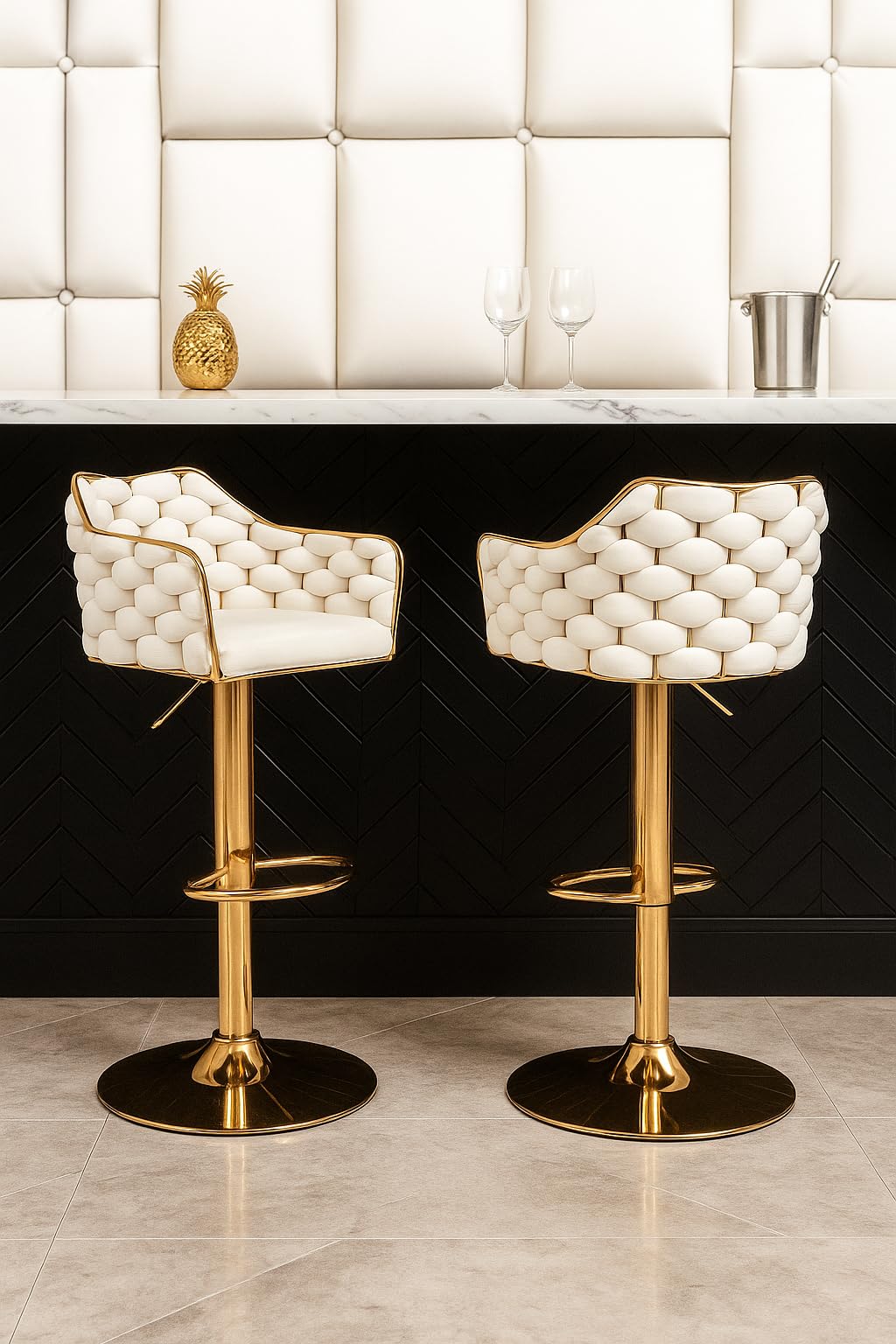 Creative Revolving Height Adjustable Bar Stool with Golden Base and Woven Cushion Seat | Modern Kitchen Counter Chair for Kitchen, Dining, Cafe & Bar (White) (Pack of 2)