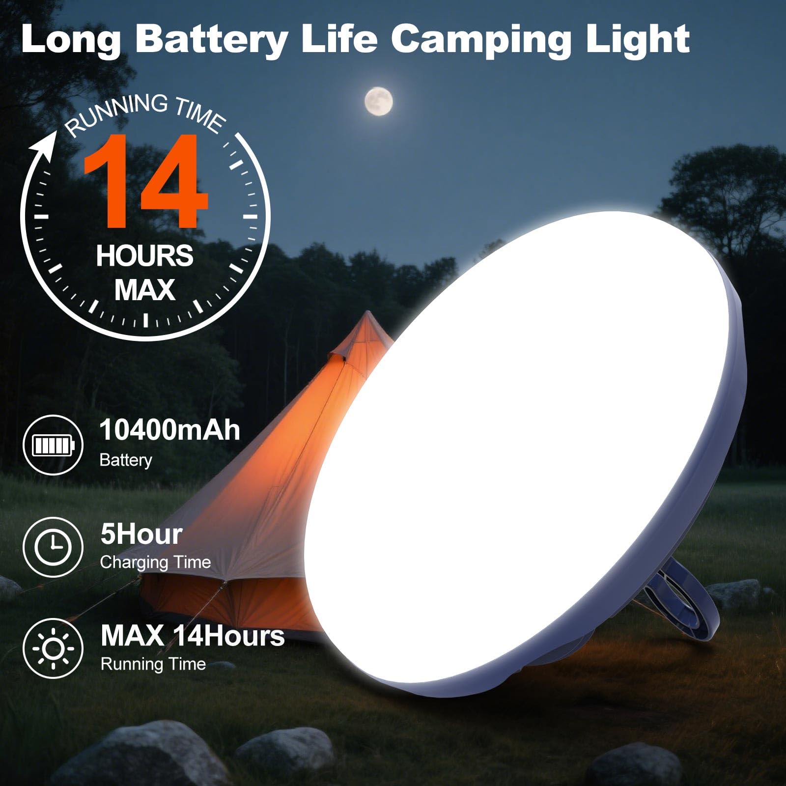 Luz de camping portátil de 4000 lm con batería de 10400 mAh, tiempo máximo de funcionamiento de 14 horas, 3 modos de luz, linterna de camping para senderismo, uso de emergencia y cortes de