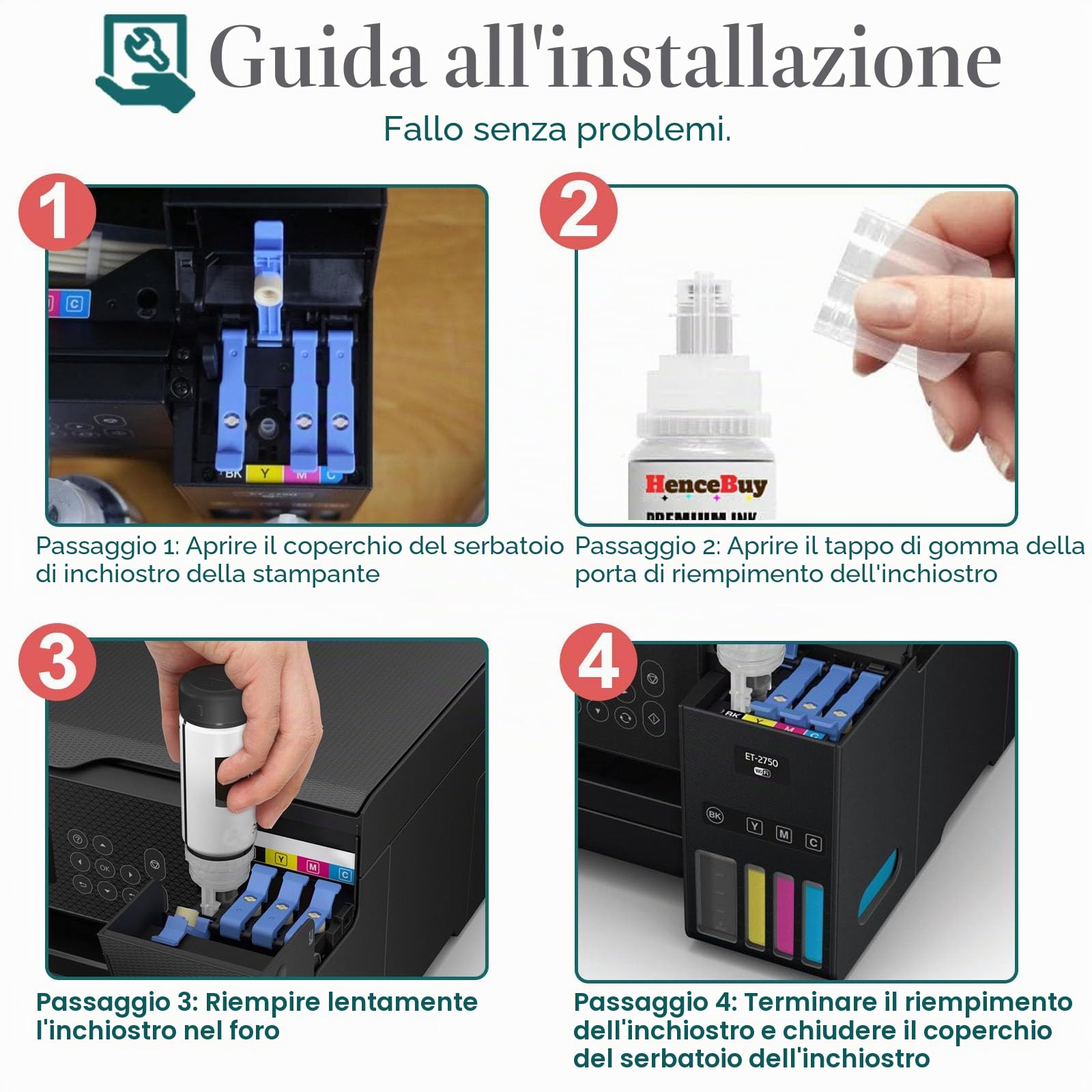 Set 5 Flaconi Inchiostro Compatibili E-104 Per EcoTank ET-2870, ET-2862, ET-4800 | Nero, Ciano, Magenta, Giallo | Alta Resa Fino A 7500 Pagine - 5