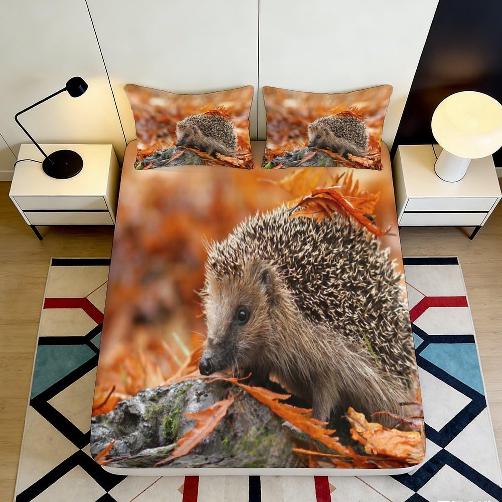 3D Printed Autumn Hedgehog Fitted Sheet Microfiber Soft Mattress Cover for Bedroom Guest Room Decor Protection 200x200x25cm