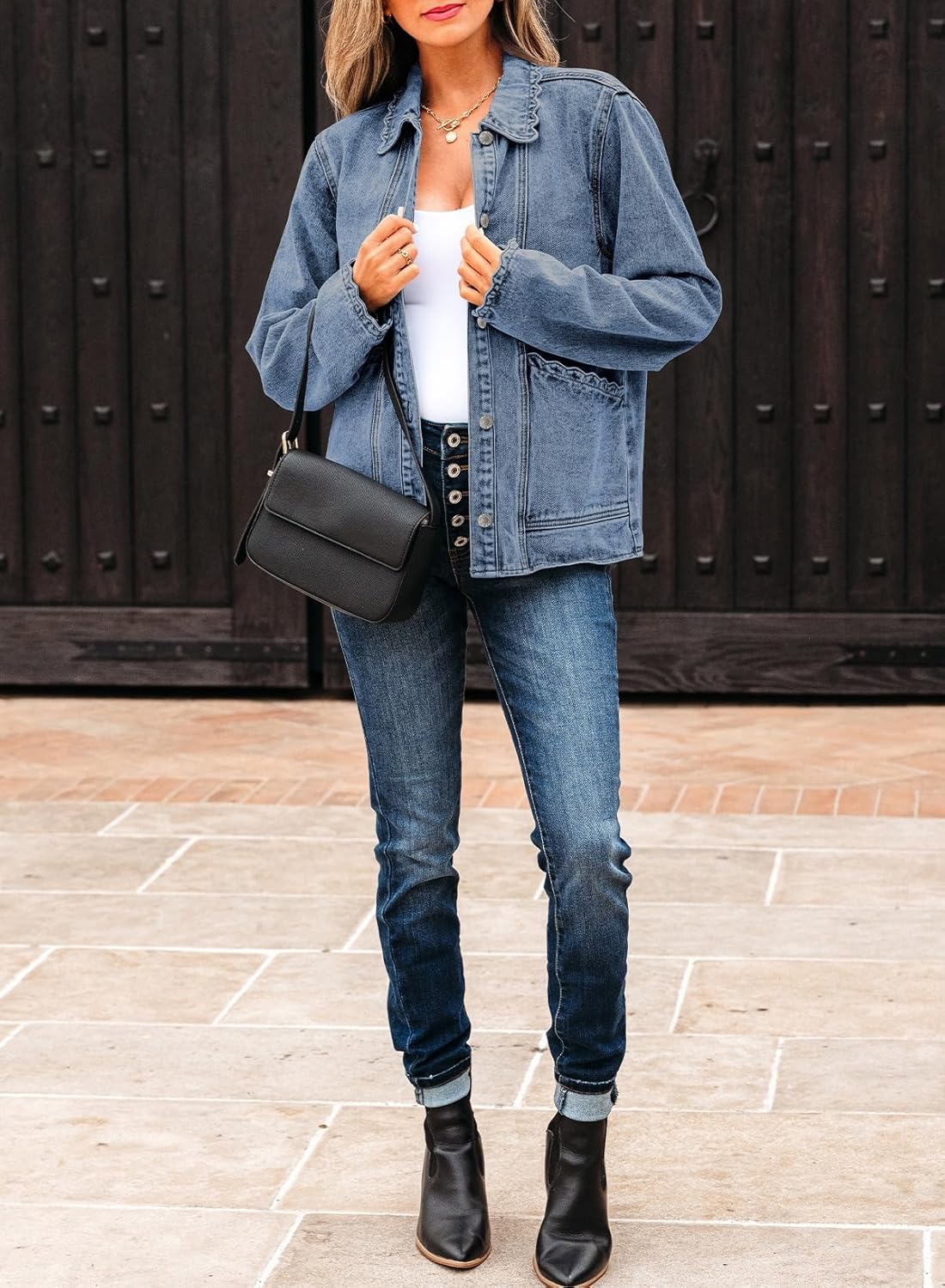 Sidefeel Women's Jean Jacket Long Sleeve Button Down Ruffled Denim Jacket Shacket - Image 5