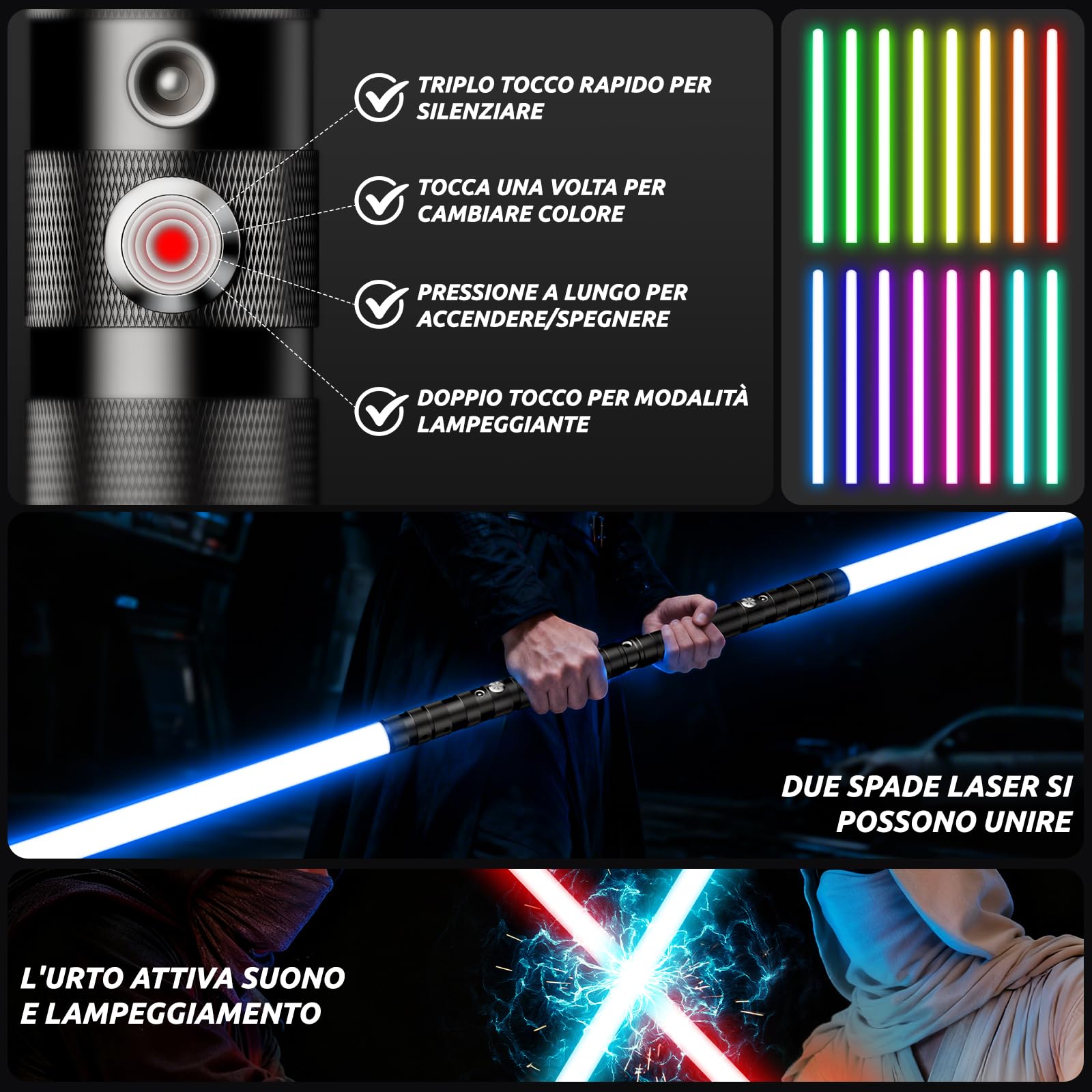 Spada Laser, 2 in 1 Spada Laser per Bambini, Ricarica USB RGB 16 Colori Lightsaber Suoni Simulati di Combattimenti, Regali per Bambini, Feste di Halloween, Cosplay (2 pz.)