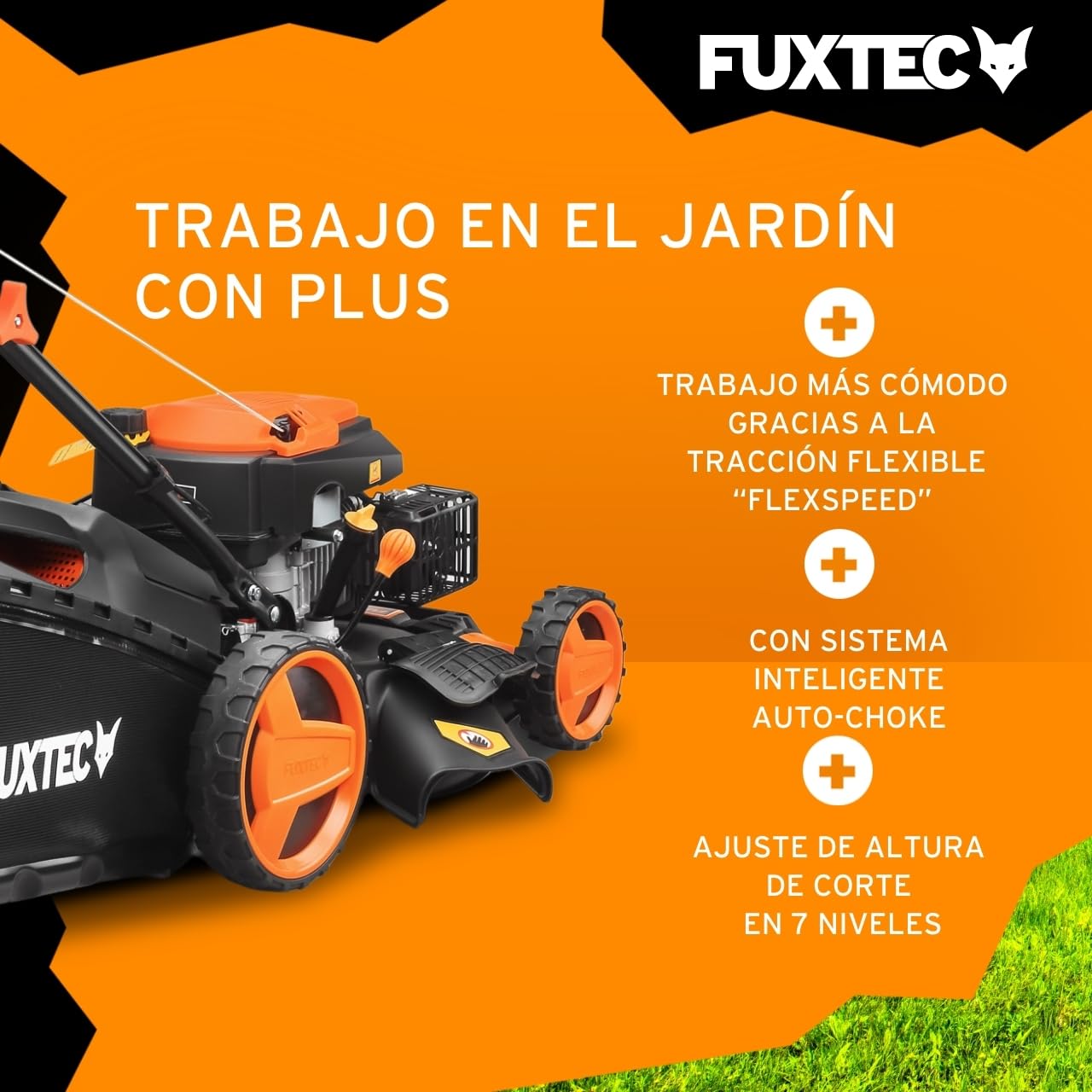 FUXTEC FX-RM5170PRO cortacésped Gasolina 4en1, 170 cm³ / 4 CV, 51 cm Ancho, Altura Ajustable, autopropulsado con Velocidad Variable, Bolsa 60 L, Mulching y Descarga Lateral.
