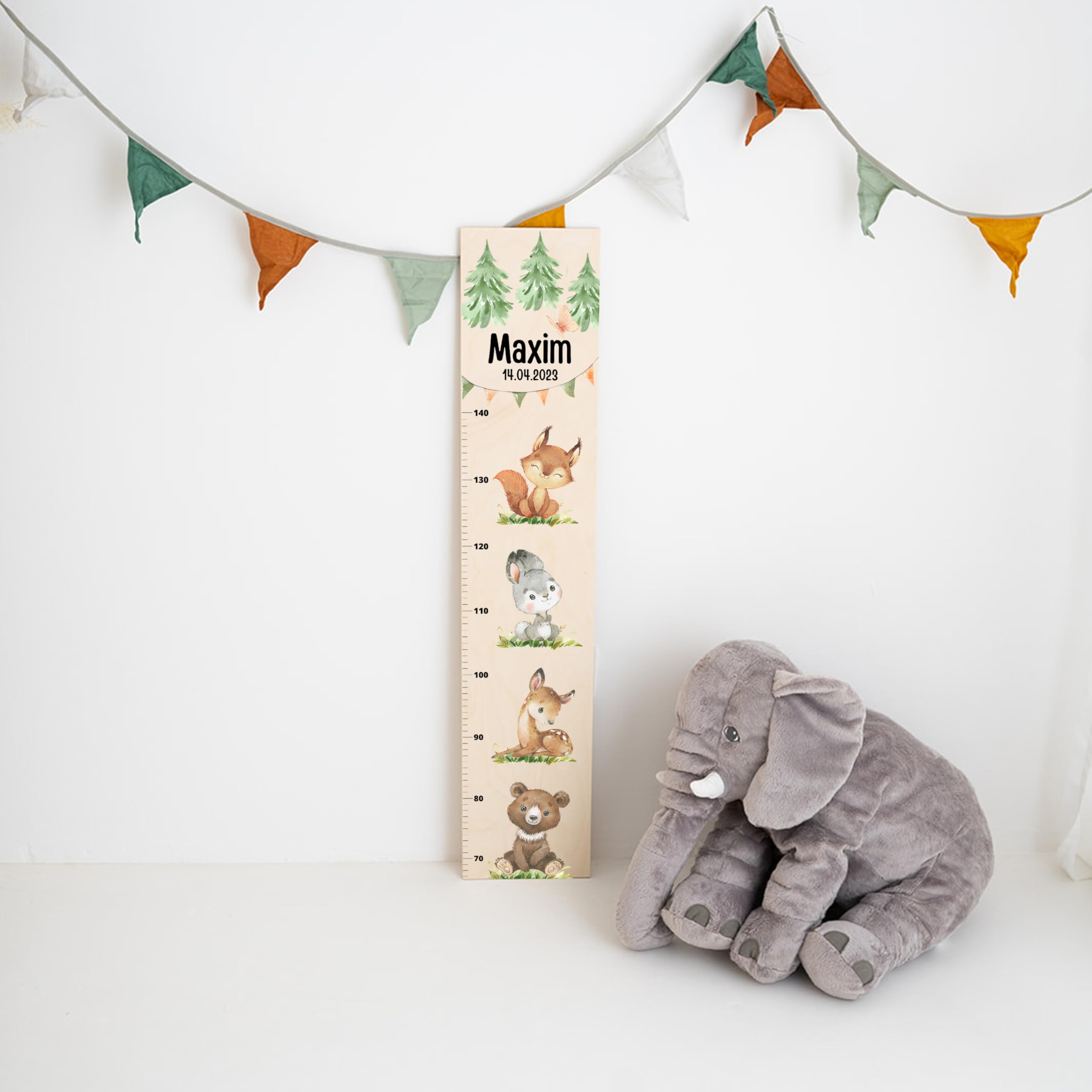 Bärenfreunde® - Personalisierte Messlatte Kind Holz zum Kleben oder Aufhängen - Skala 70-140cm - Süße Dekoration für Baby- & Kleinkinderzimmer (Kinder 70-140cm, Waldtiere übereinander)