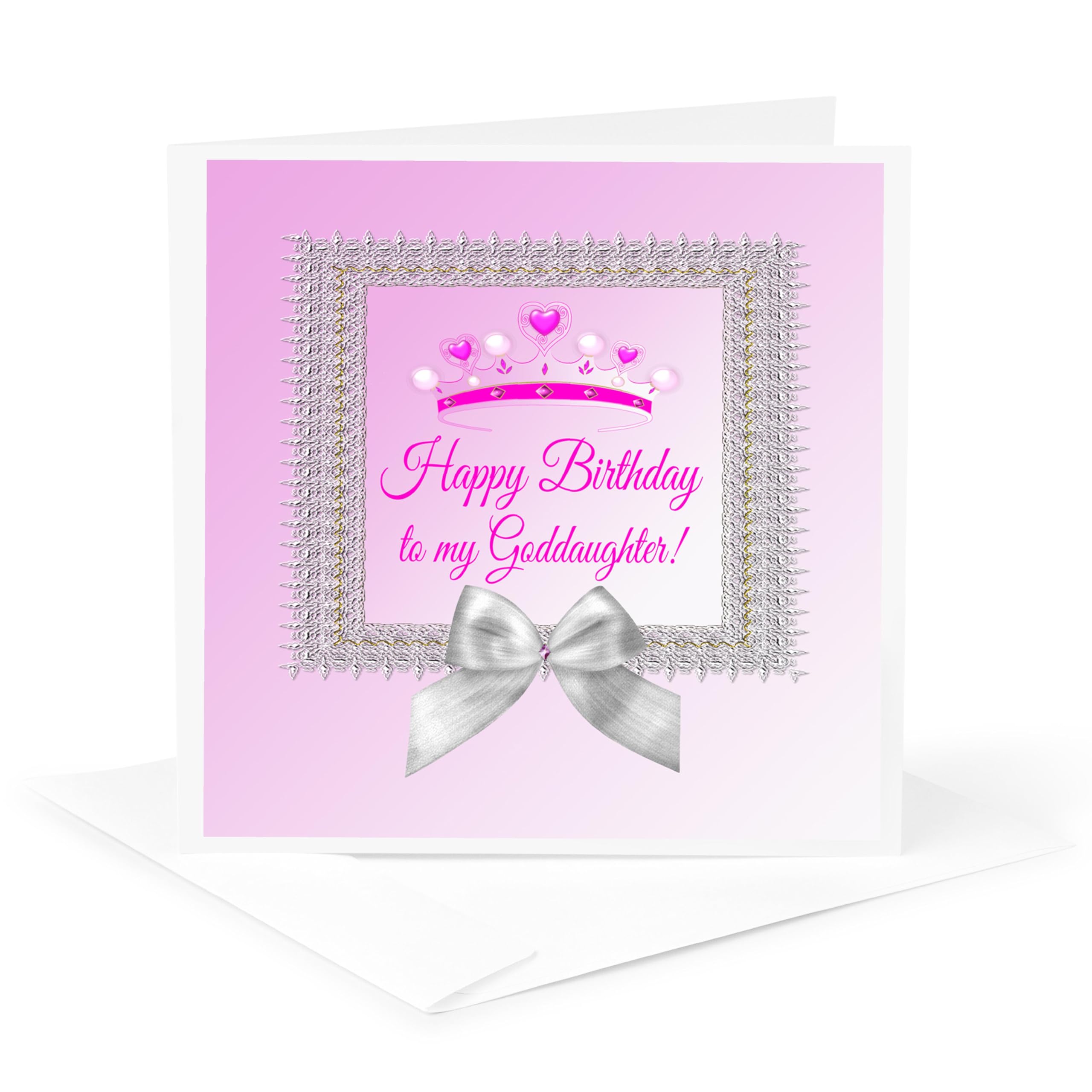 3dRose Princess Crown Silver Frame, Bow, Happy Birthday, Goddaughter, Pink - Greeting Card, 6" X 6", Single (Gc_234614_5)