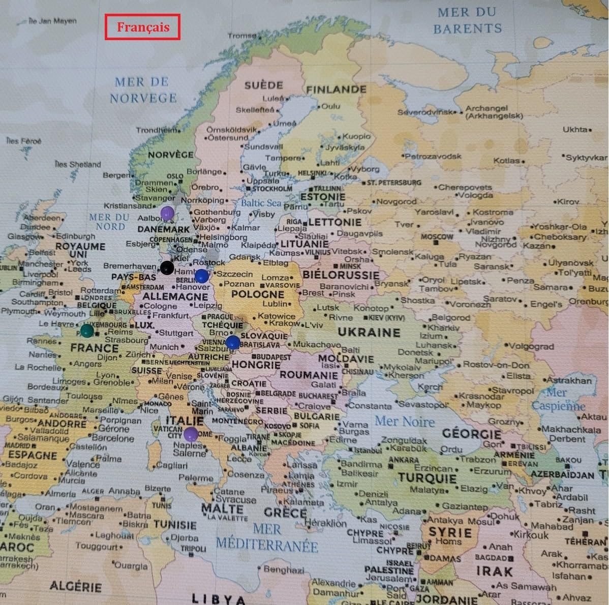 Klasyczna mapa świata z pinami, mapa świata w języku francuskim, spersonalizowana ramka na mapę podróży, szczegółowy plakat świata, prezent dla podróżnych