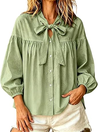 Womens Long Sleeve Tops Cotton Linen Cute Bow Tie Bubble Sleeve Button-Down Blouse Loose Fit Casual Breathable Shirt