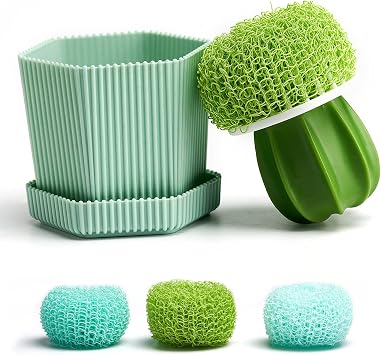 Cactus Mini Dish Brush Set with Drip Tray 3 Replacement Brushes, Durable Kitchen Cleaning Scrubbers for Plates, Pans, Pots, Sink Green