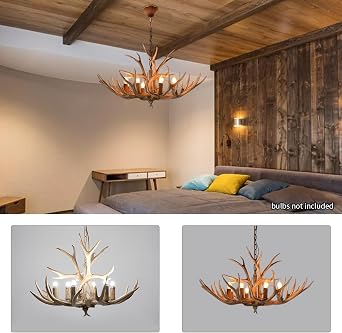 Antlers Chandelier 6 Light Resin Deer Antler Chandelier Adjustable Height Antler Lamp Ceiling light Fixtures with E12 Base Rustic Farmhouse Chandelier for Living Room Bedroom Dining Room Kitchen