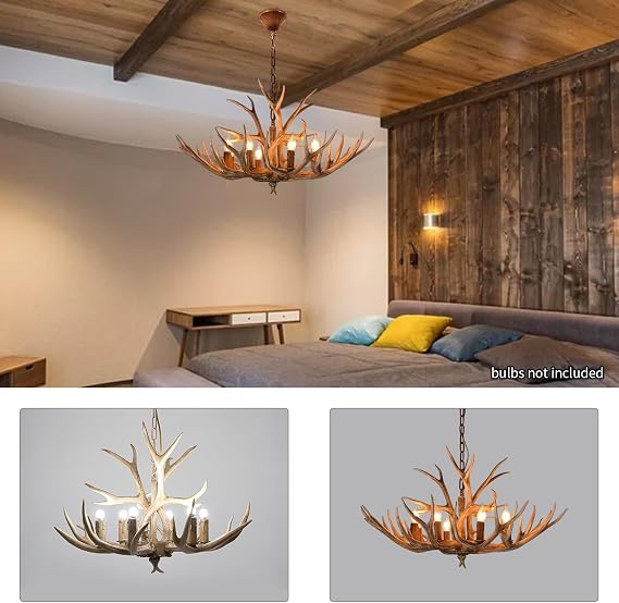 Antlers Chandelier 6 Light Resin Deer Antler Chandelier Adjustable Height Antler Lamp Ceiling light Fixtures with E12 Base Rustic Farmhouse Chandelier for Living Room Bedroom Dining Room Kitchen