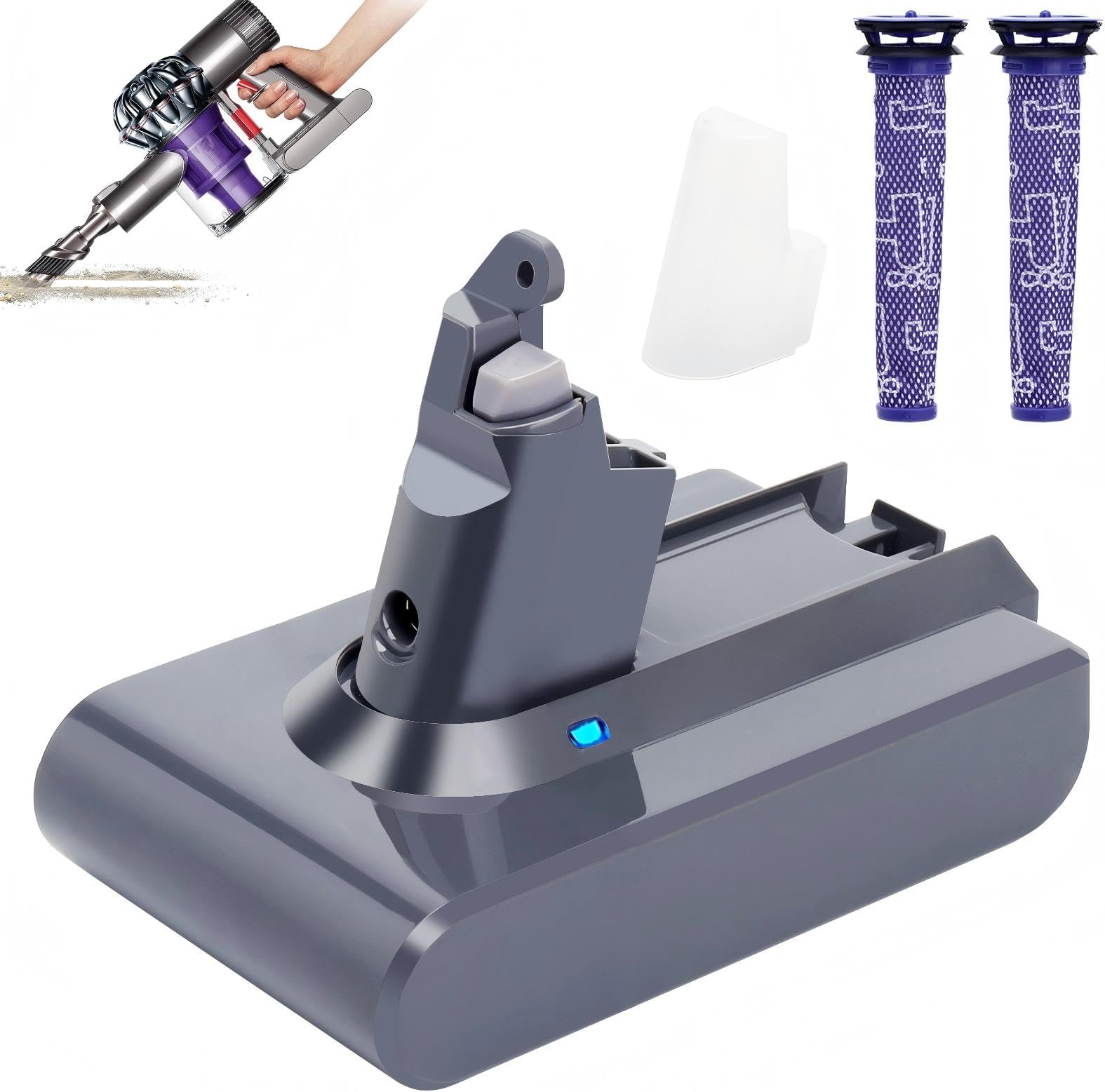 Lasica 4.5 Ah 21.6V V6 Replacement Battery w/2 Filters - Compatible with Dyson V6 SV03 DC58 DC59 DC61 DC62 DC72 DC74 Animal Absolute Fluffy Motorhead Slim SV04 SV05 SV06 SV07 SV09 V6 Vacuum Battery