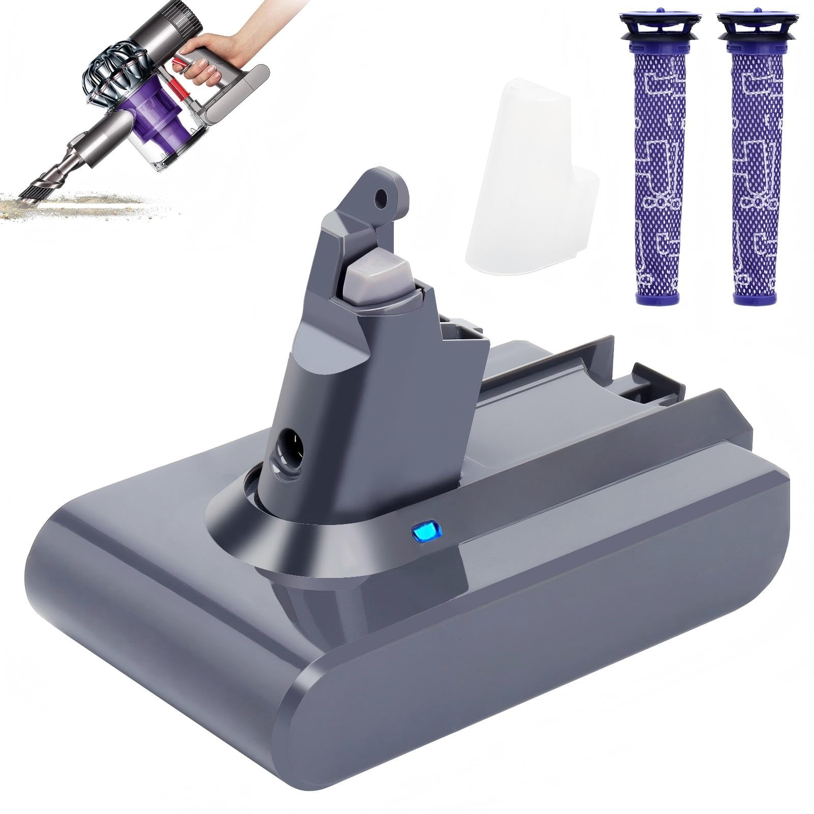 Lasica V6 Replacement Battery w/2 Filters, Compatible with Dyson V6 SV03 SV04 SV05 SV06 SV07 SV09 DC58 DC59 DC61 DC62 DC72 DC74 V6Animal, V6Absolute, V6Motorhead, V6Slim, V6 Vacuum Replacement Battery