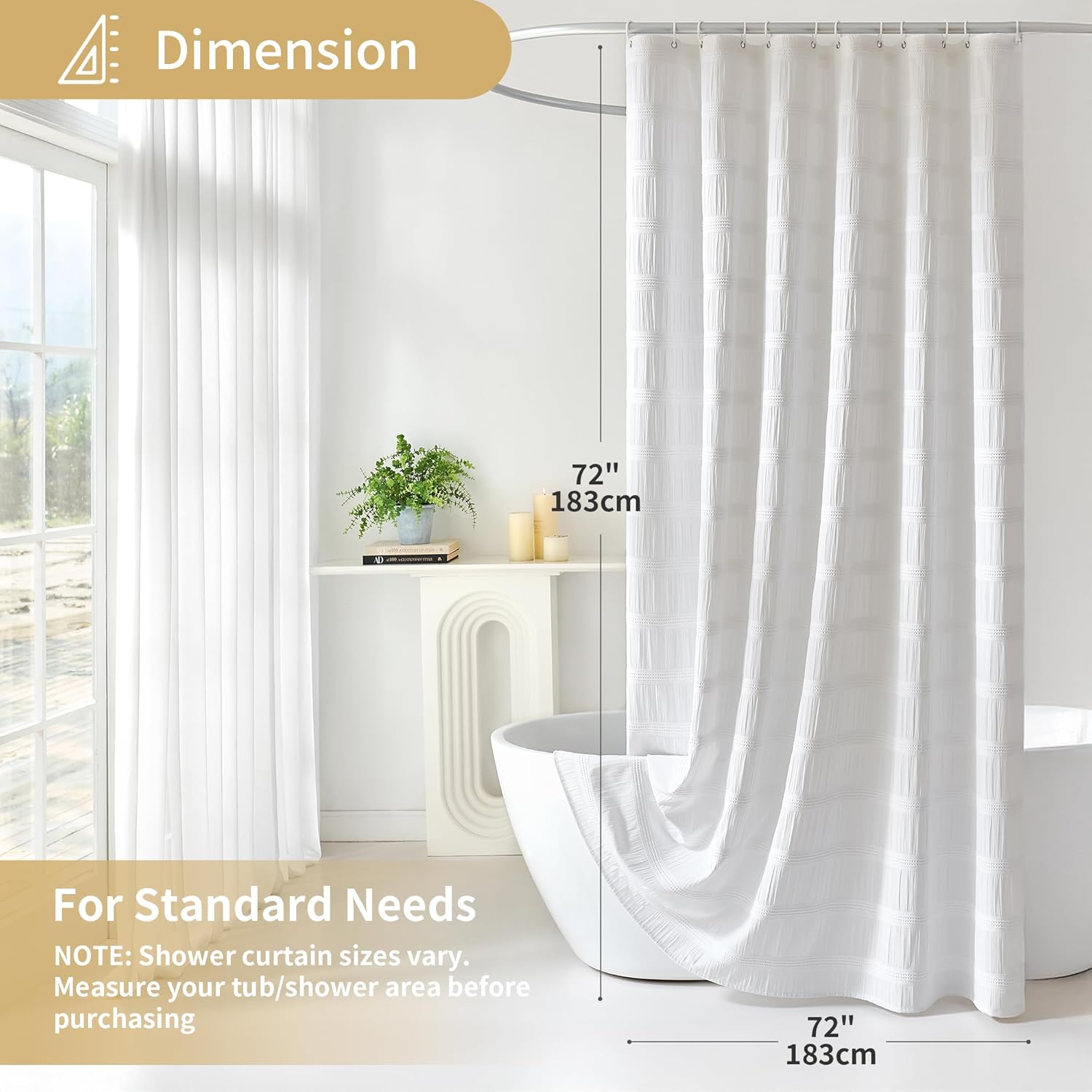 White Shower Curtain Fabric, White Textured Shower Curtain Boho Cotton Blend Striped Waffle Shower Curtains for Bathroom 72 x 72