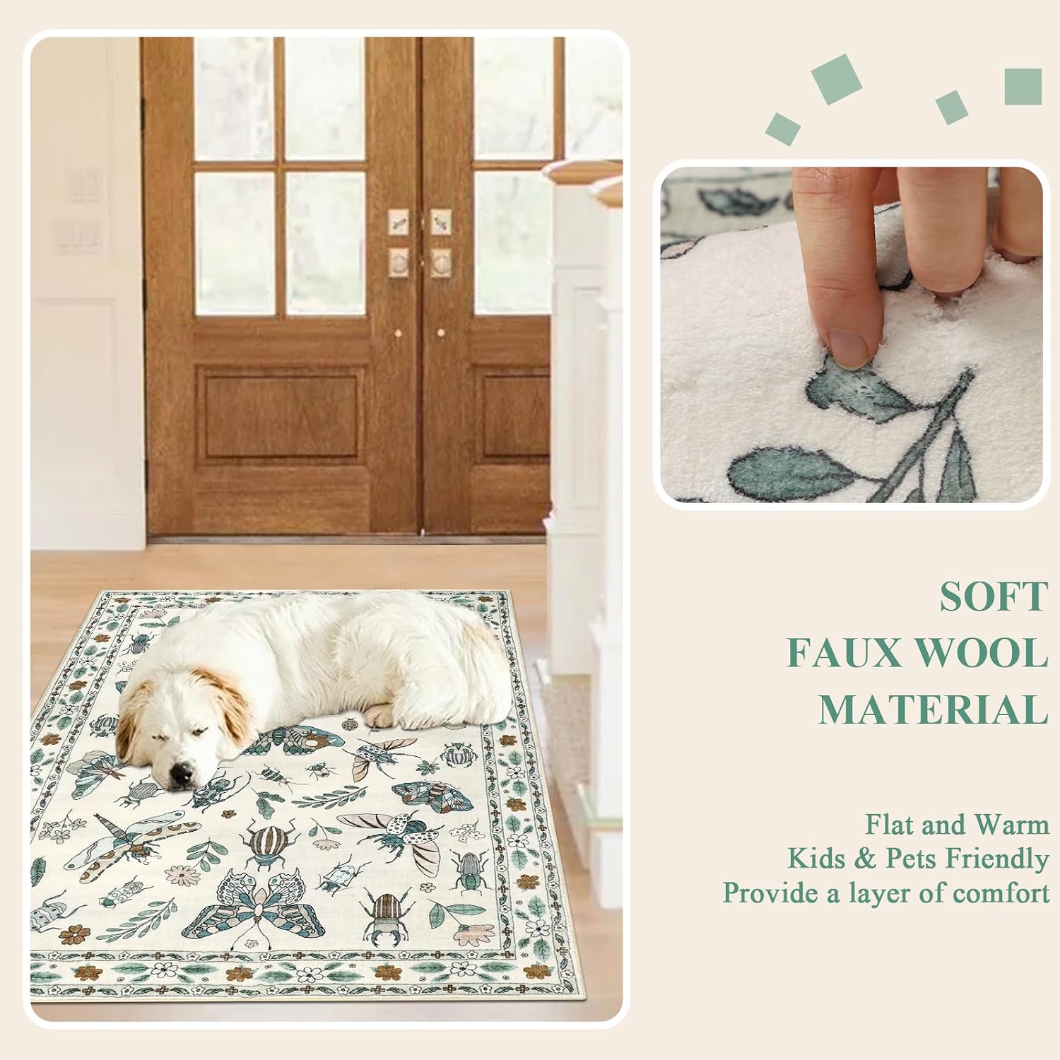 famibay Insect Botanical 3x5 Rug Washable Soft Foyer Rugs for Entryway Non Slip Carpet Rug for Entryway Bedroom Bathroom Laundry Living Room (Beige)