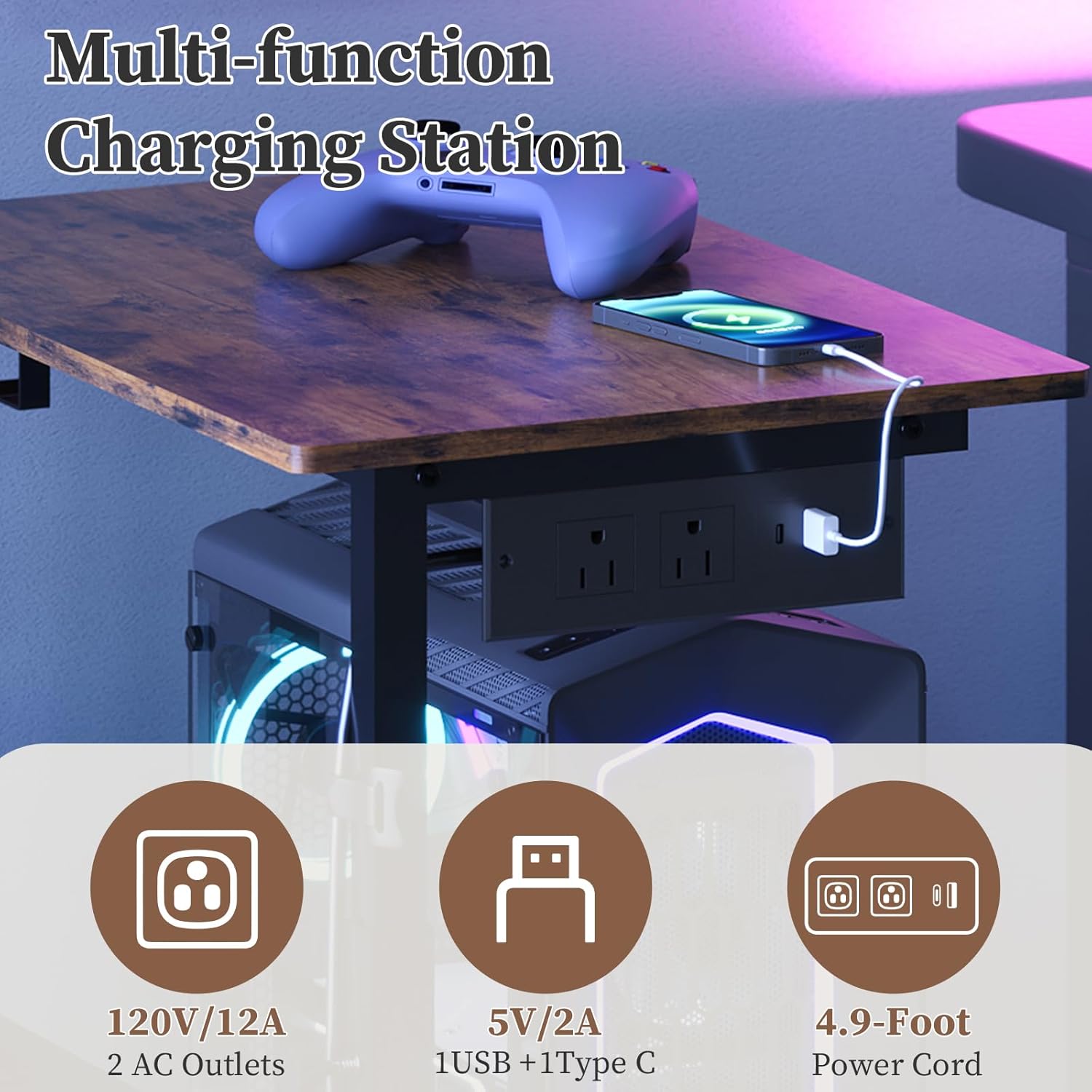 HavenlyYouth 2-Tier Computer Tower Stand with Power Outlet, Height Adjustable PC Tower Stand with Wheels, ATX-Case CPU Holder Cart with Hooks for Home, Office, Gaming (Brown)